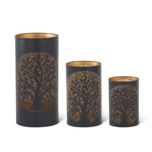 Load image into Gallery viewer, Black Metal Tree Punched Tin Candleholder
