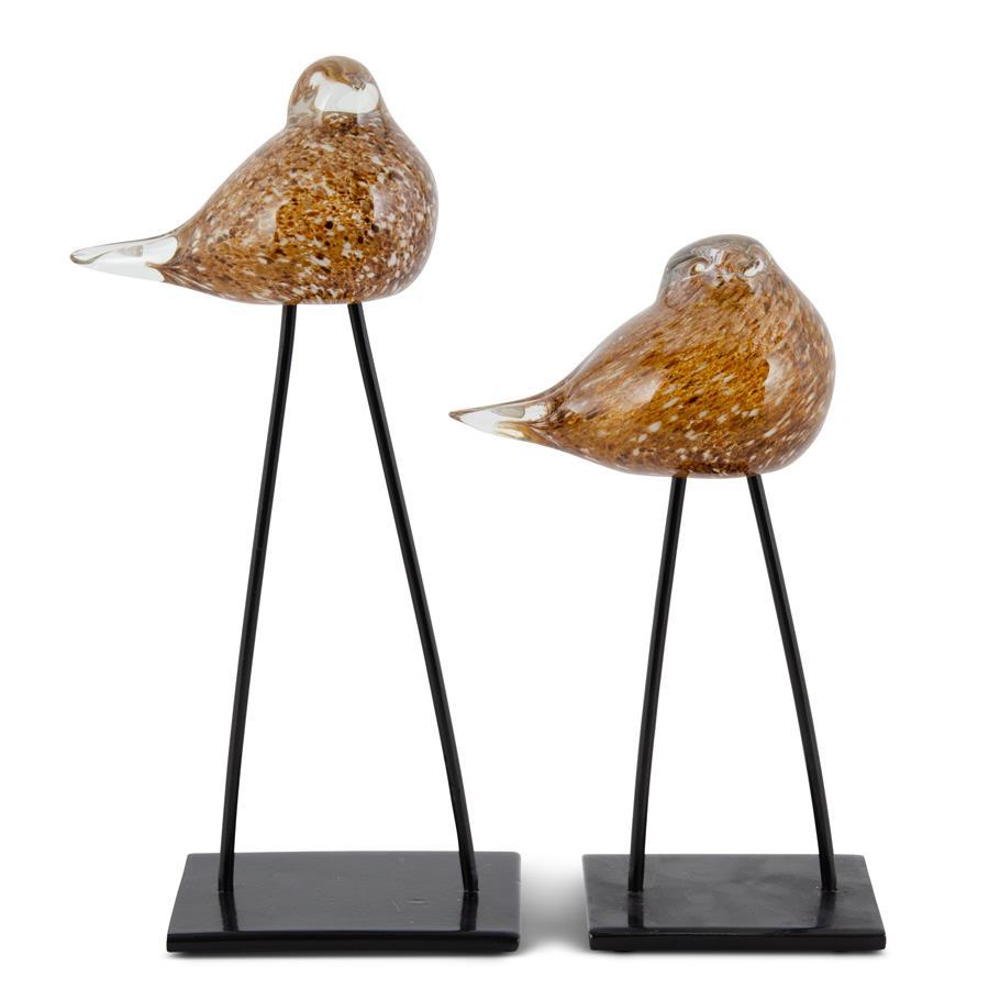 Brown & Gold Speckled Glass Birds w/Long Metal Legs
