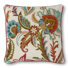 Load image into Gallery viewer, 20&quot; Square Ivory Cotton Pillow w/red blue Tan embroidered floral
