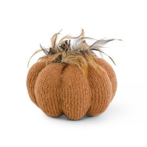 Orange Knit Pumpkin w/Wood Stem & Feathers