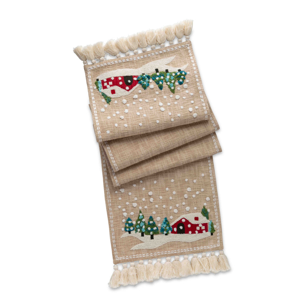 Winter Cottage Embroidered Table Runner