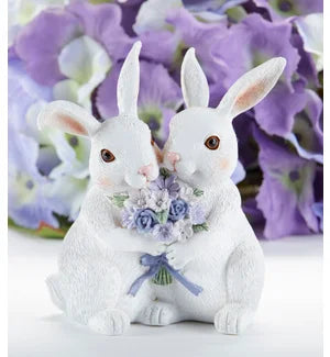 Resin Bunny Pair W/  Blue Bouquet
