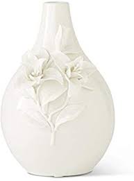 10.5 White Ceramic Bottle Neck Vase w/Lily Flowers