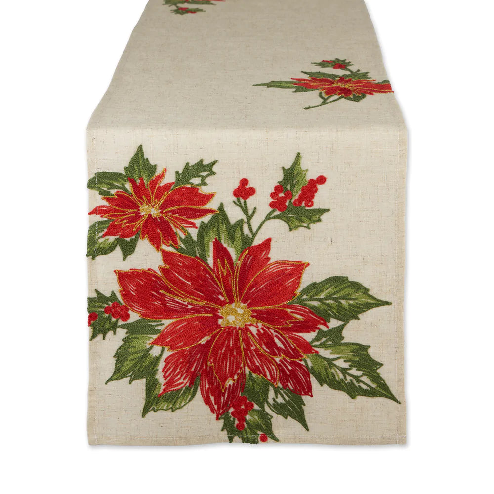 Poinsettia Holly Embroidered Table Runner 14 X 70